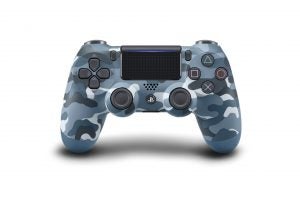 An navy textured PS4 Dualshock gaming controller standing on white background