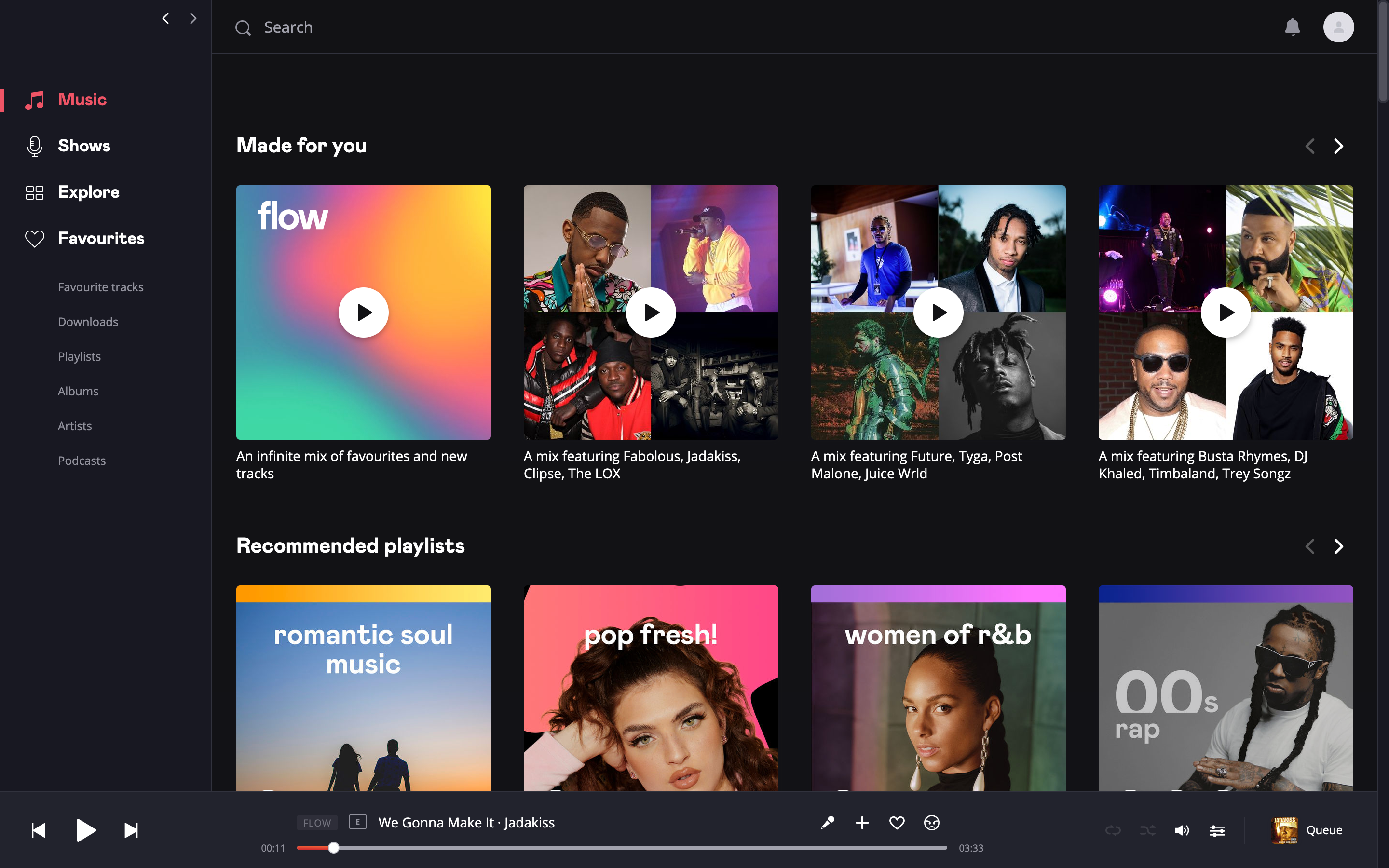 DeezerScreenshot of shows tab of a music streaming service
