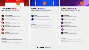 A screenshot of Strava Summit's training pack, safety pack, and analysis pack