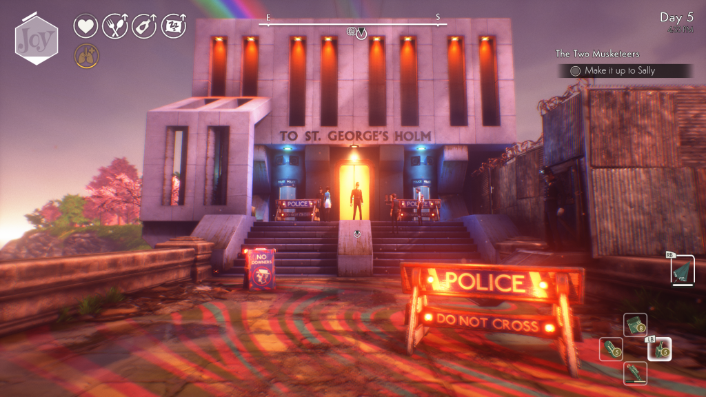 Screenshot of a scene from a survival game called We Happy Few