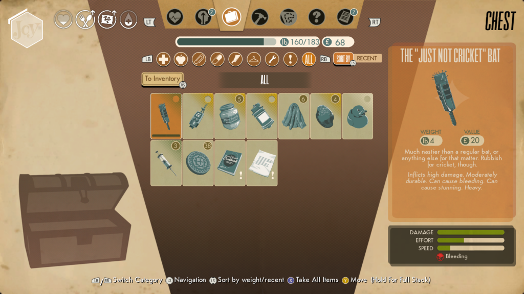 Screenshot of an inventory screen from a survival game called We Happy Few