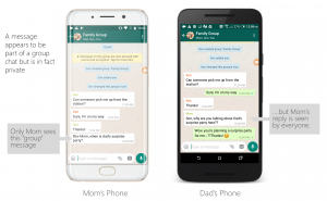 Two smartphones showing how a message on Whatsapp appears to be part of a group chat but is in fact private