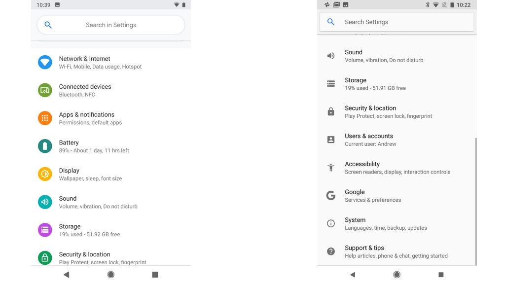 Two screenshots from Android showing settings screen in Android Pie and previous versions