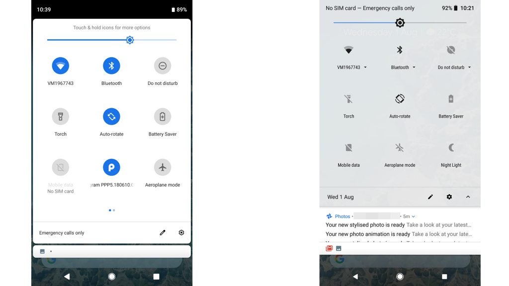 Two screenshots from Android showing notification bar in Android Pie and previous versions