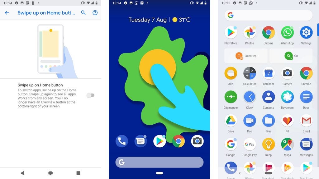 Screenshots from Android Pie about swipe up on home button setting on different screens