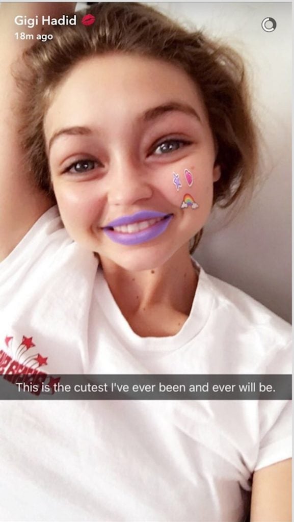 A picture of Gigi Hadid with a Snapchat filter