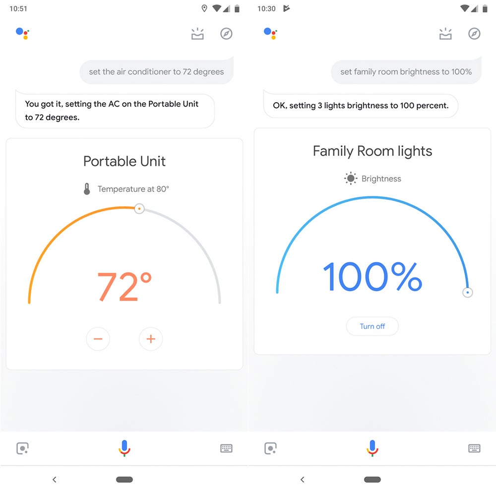 Screenshots of Google Assistant about visual controls regarding portable unit's temprature and family room light brightness