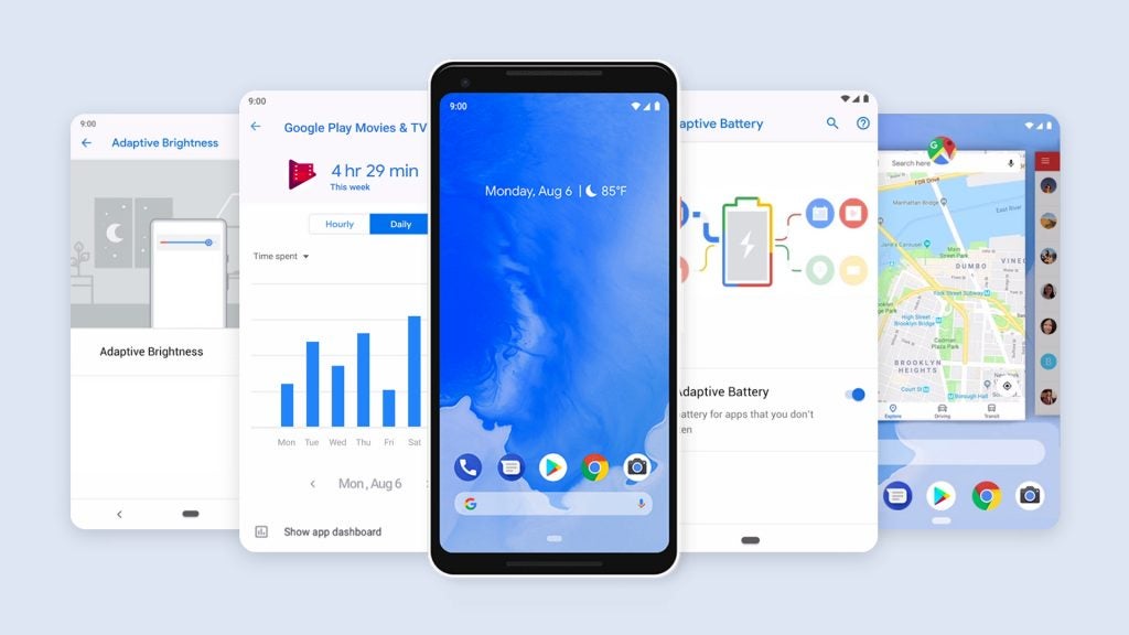 Different screenshots from an Android showing Android Pie features