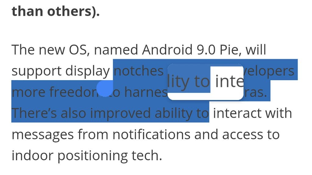 Screenshot of a description about Android Pie supporting display notches