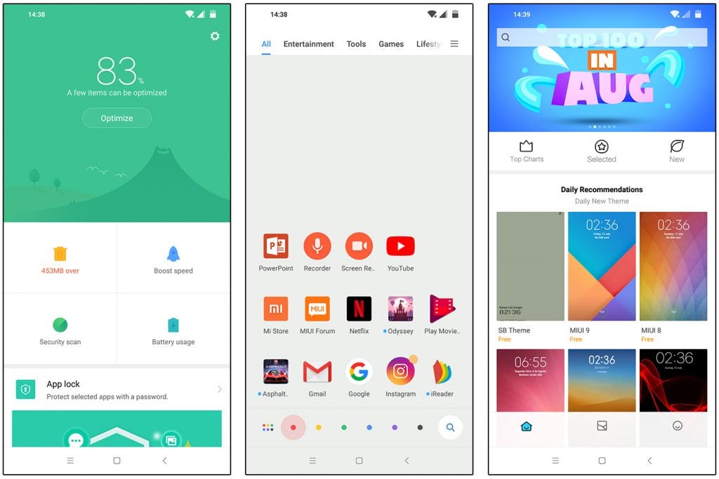 Pocophone F1 MIUI screenshots - phone manager, colour-based app search, theme store
