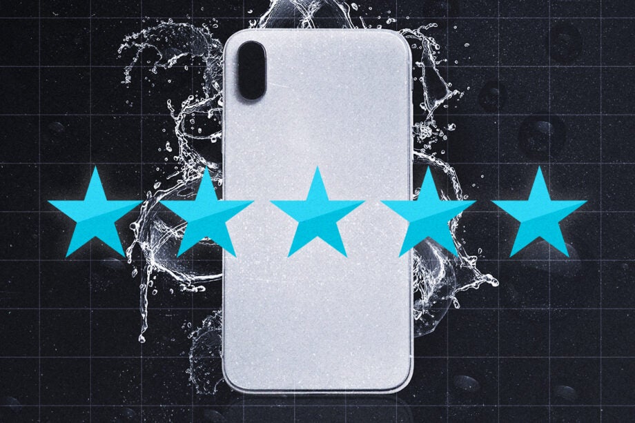A white smartphone placed upside down on a black background with 5 blue stars on top of it