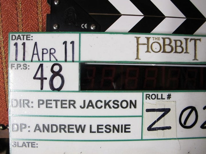 Picture of a slate from shooting of a scene from a movie called The Hobbit: An unexpected journey