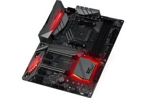 A press render of the A close-up view of the ASRock Fatal1ty X470 Gaming K4 motherboard turned slightly to the left.