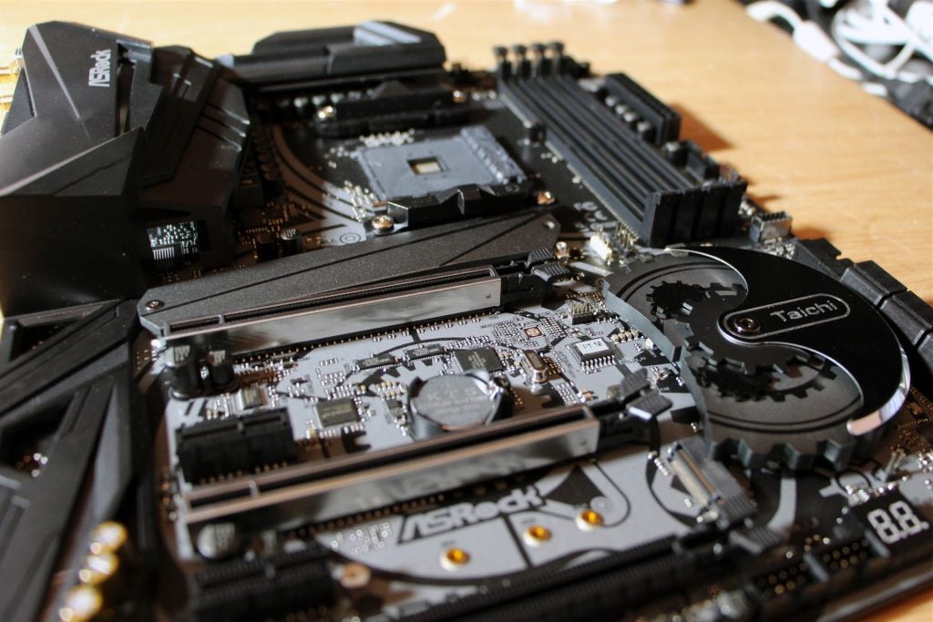 Another close-up of the ASRock X470 Taichi AMD board with the CPU mount visible top and middle.