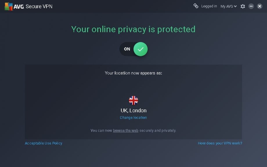 Screenshot of AVG Secure VPN's Windows desktop portal.
