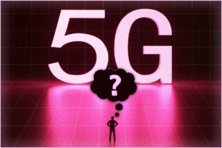 A pink wallpaper of 5G with a man standing thinking a question mark