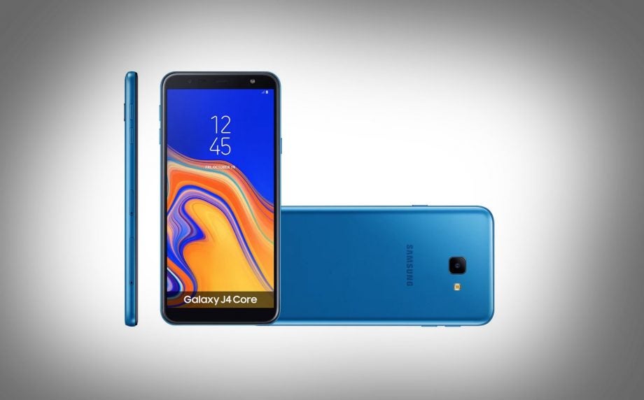 A wallpaper of Samsung Galaxy J4 Core smartphone showing front and back panel