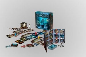 A box of a game called Mysterium with different scenes shown on a silver background