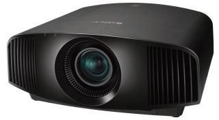 Right angled view of a black Sony VW270ES projector standing on white background