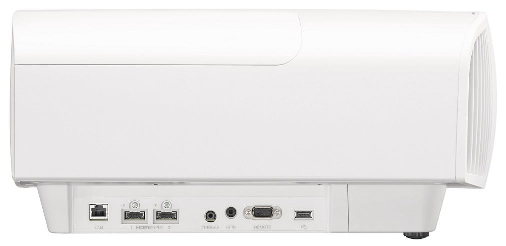 Ports section view of a white Sony VW270ES projector standing on white background