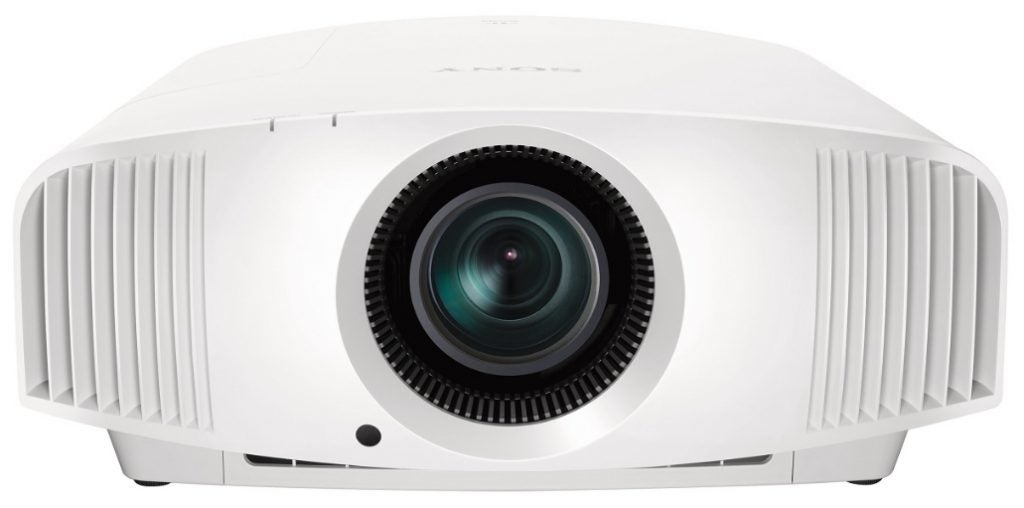 Front view of a white Sony VW270ES projector standing on white background