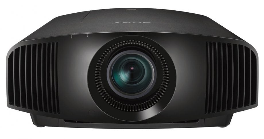 Front view of a black Sony VW270ES projector standing on white background