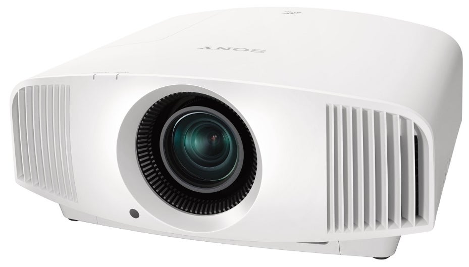Right angled view of a white Sony VW270ES projector standing on white background