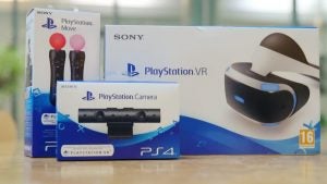 A box of Sony PS Move, Sony PS Camera and Sony PS VR kept on a table
