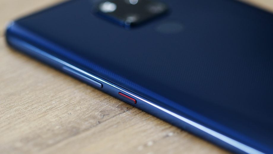 Close-up of Huawei Mate 20 X showing camera and buttons.