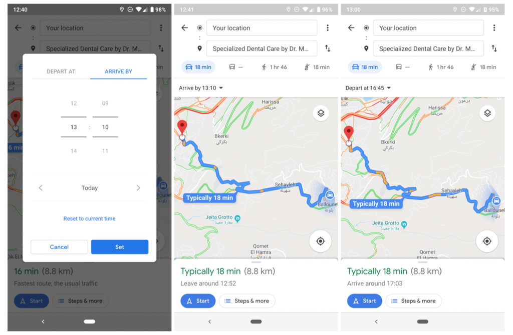 Google Maps arrival departure time Android app