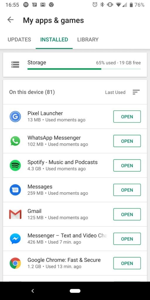 Play Store storage Android 