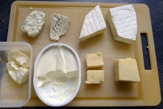 Our cheeseboard, with frozen cheeses to the left of their fresh counterparts