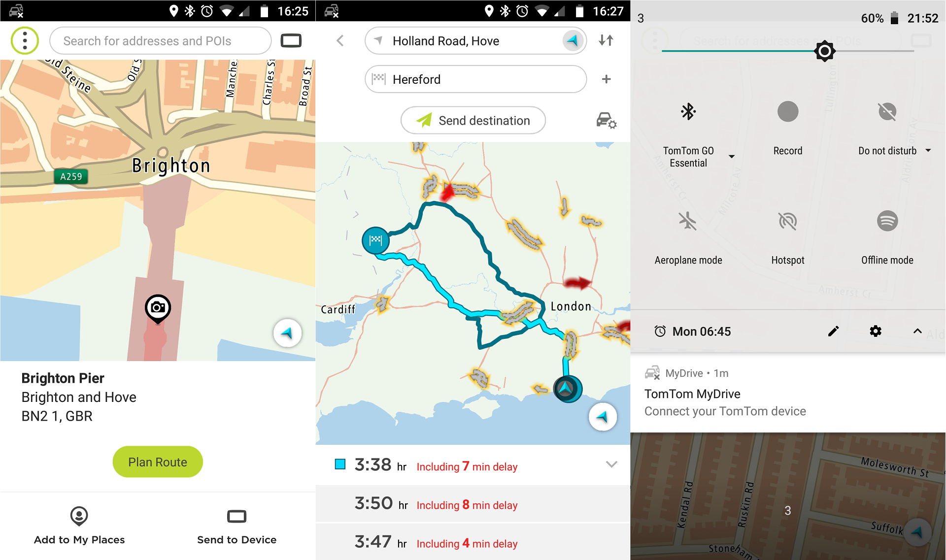 Three Android screenshots of TomTom MyDrive, showing a destination, a route, and problems with the Bluetooth connection
