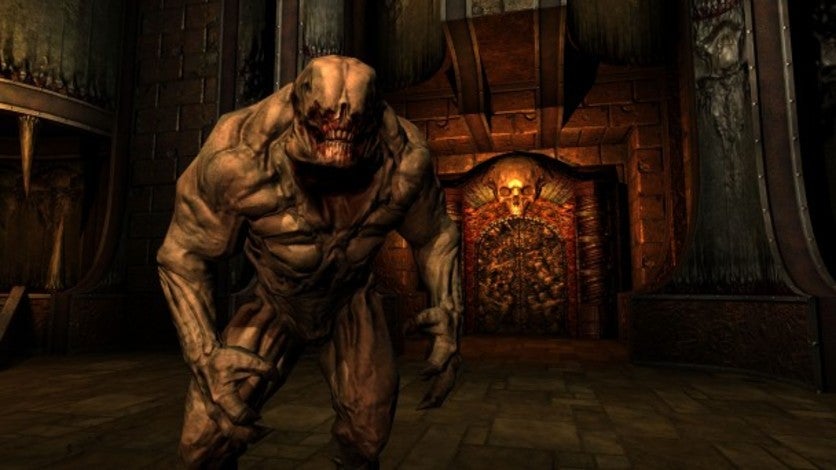 A screenshot from a scene of a video game series called Doom