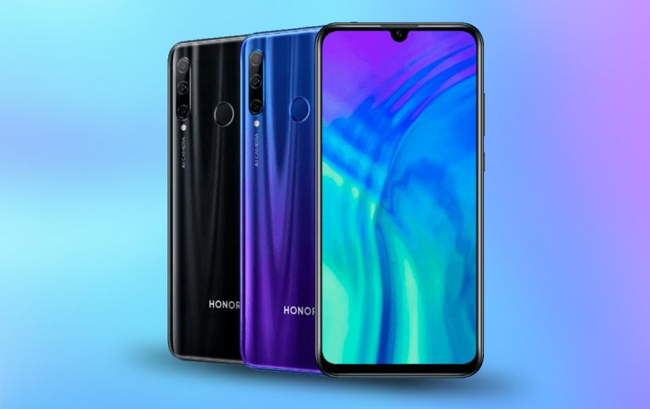 A wallpaper of Honor 20 Lite with three different color variants and front/back panel shown