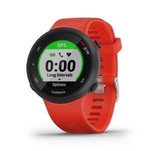 Right angled view of a red Garmin Forerunner 45 watch standing on white background