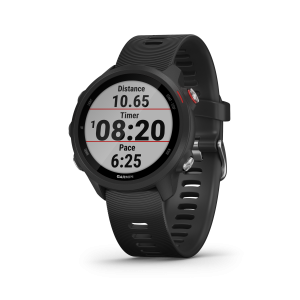 Right angled view of a black Garmin Forerunner 245 watch standing on silver background