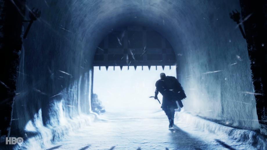 A screenshot of a scene from Game of Thrones: Beyond the Wall episode with a HBO logo on bottom left