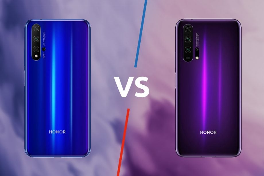 A comparision image of a Honor 20 on left and a Honor 20 Pro on right