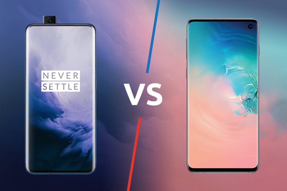 A comparision image of a OnePlus 7 on left and a Samsung Galaxy S10 on right