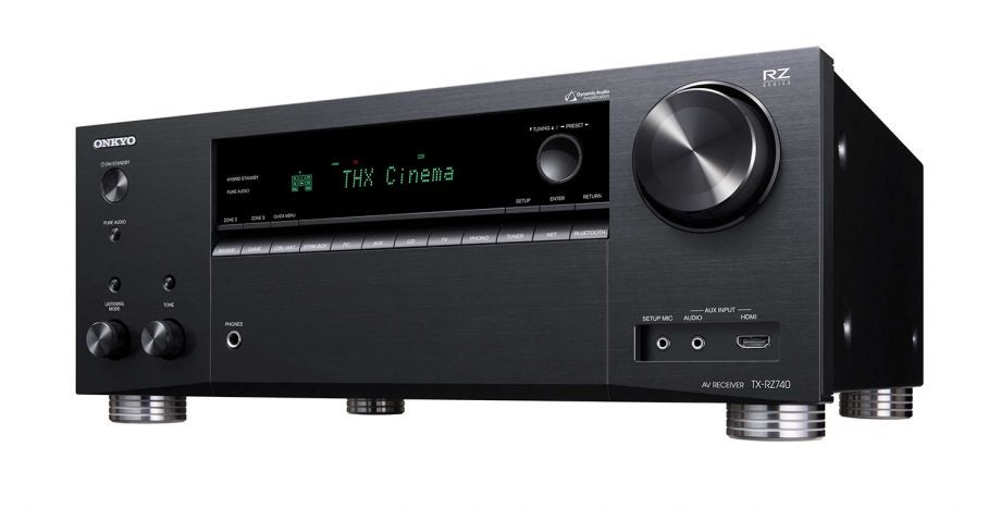 Right angled view of a black Onkyo TX-RZ740B standing on a white background