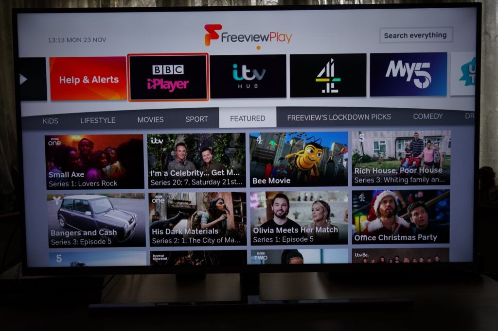 A black Philips OLED, displaying content from BBC iPlayer through Freeview Play