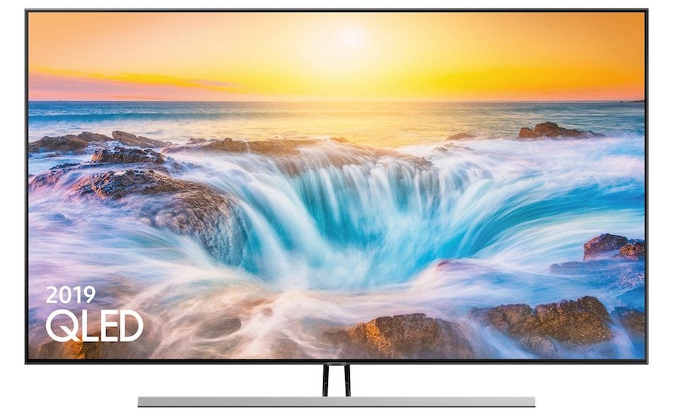 Samsung QE65Q85RA black Samsung QE65Q85R TV standing on a white background