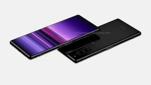 Two black Sony Xperia 2 floating on a silbver background showing front and back panel