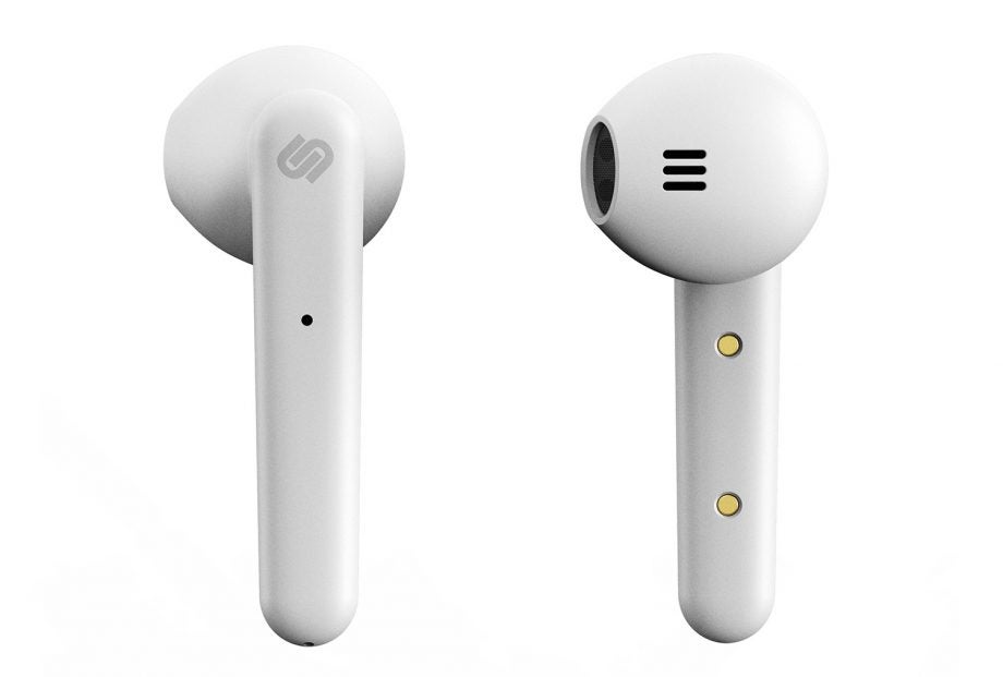 White Urbanista Stockholm earbuds floating on a white background