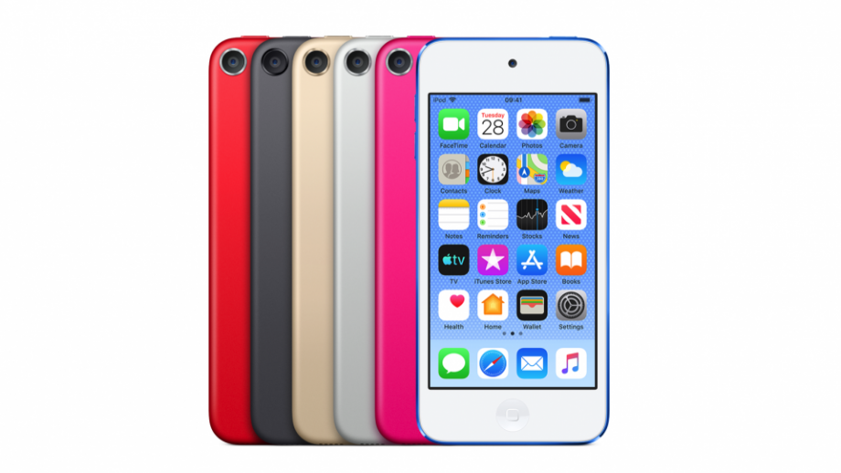 Six different color variants of iPod touch standing on white background showing front and back panel