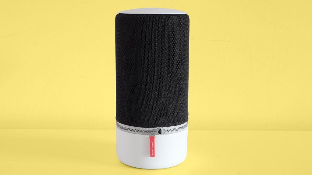 Zipp 2A black-white Libratone speaker standing on yellow background