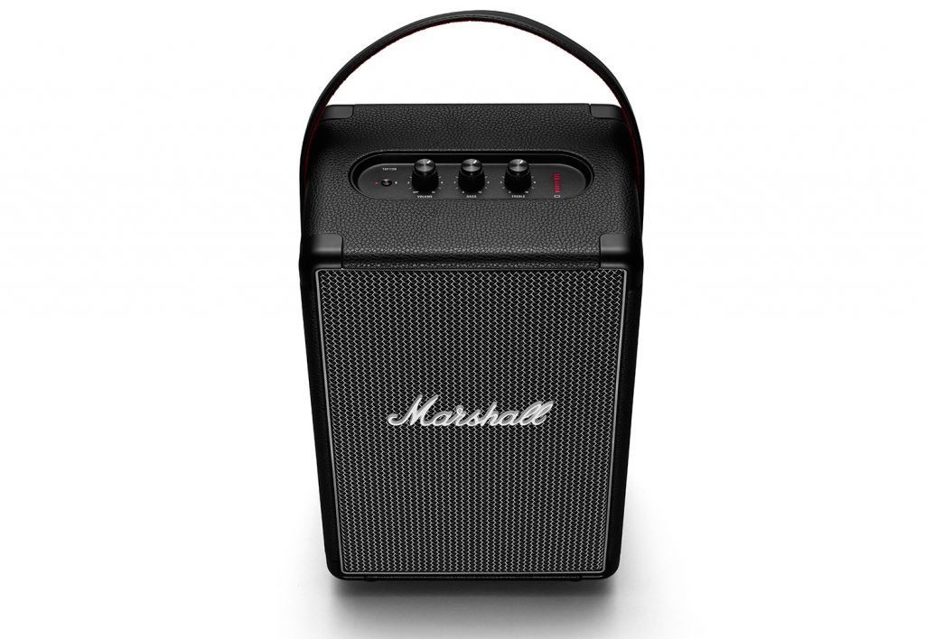 The Marshall Tufton speaker, the biggest in the portable rangeFront-top view of a black Marshall Tufton speaker standing on white background with buttons on top edge
