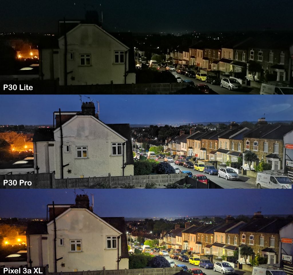 Three same images taken from different smartphones camera's night mode - P30 Lite, P30 Pro, and Pixel 3a XL