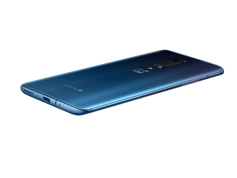 Back panel view of a blue OnePlus 7 Pro floating facing down on a silver background